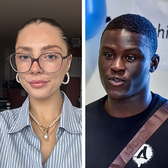 portrait of a woman in glasses on the left, and a man on the right